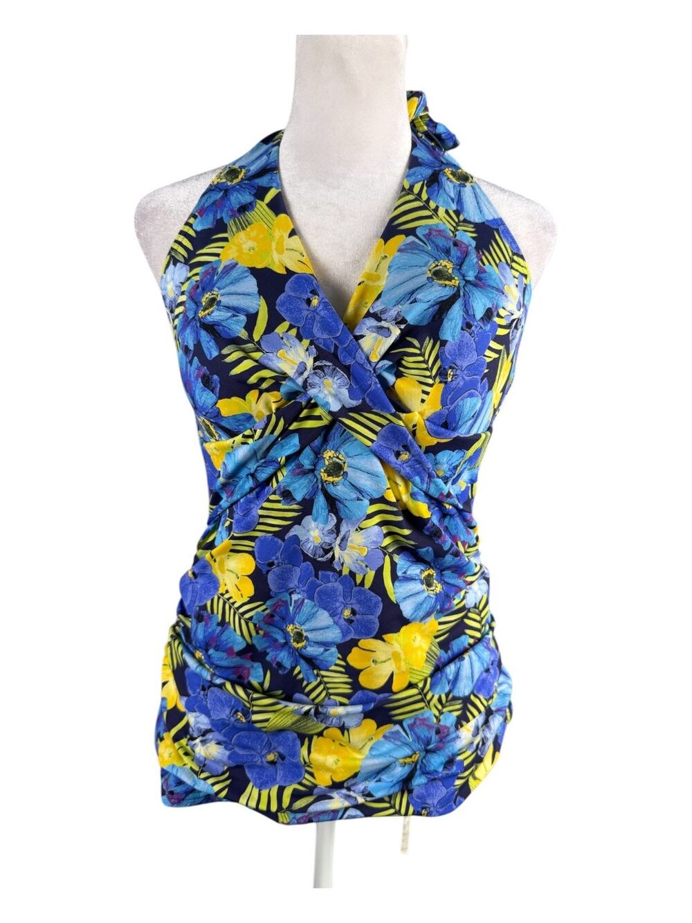 Lands' End 8 Halter Tankini Swim Top Sweetheart Wrap Black Blue Yellow Floral